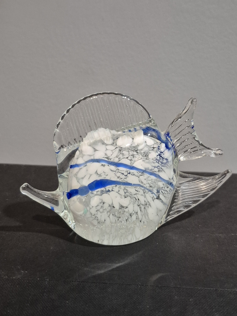 Vintage Hand Blown Art Glass Angelfish Paperweight - Blue & White Sommerso Style